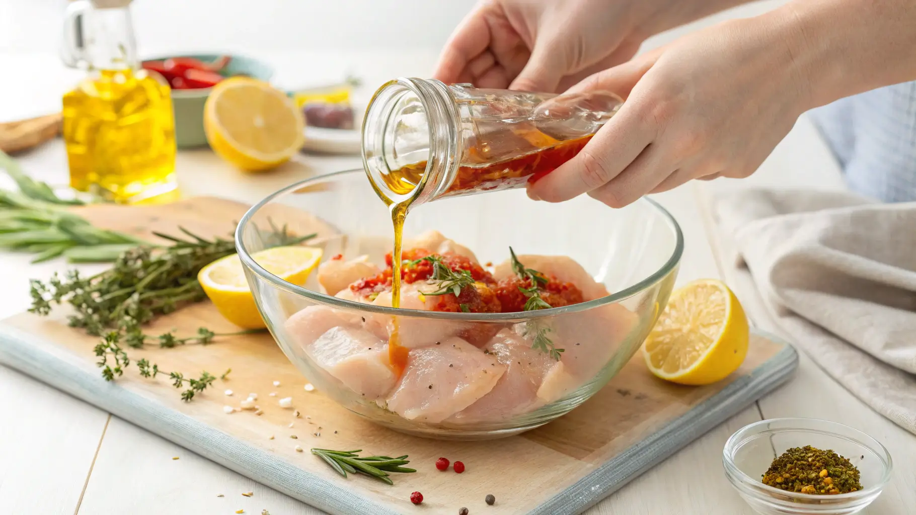 Chicken-being-marinated-in-a-glass-bowl-with-fresh-ingredients